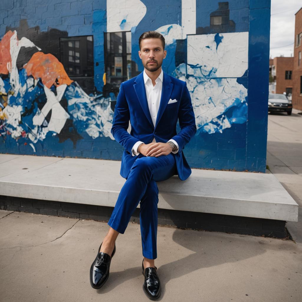 Stylish Man in Blue Suit Against Colorful Street Art