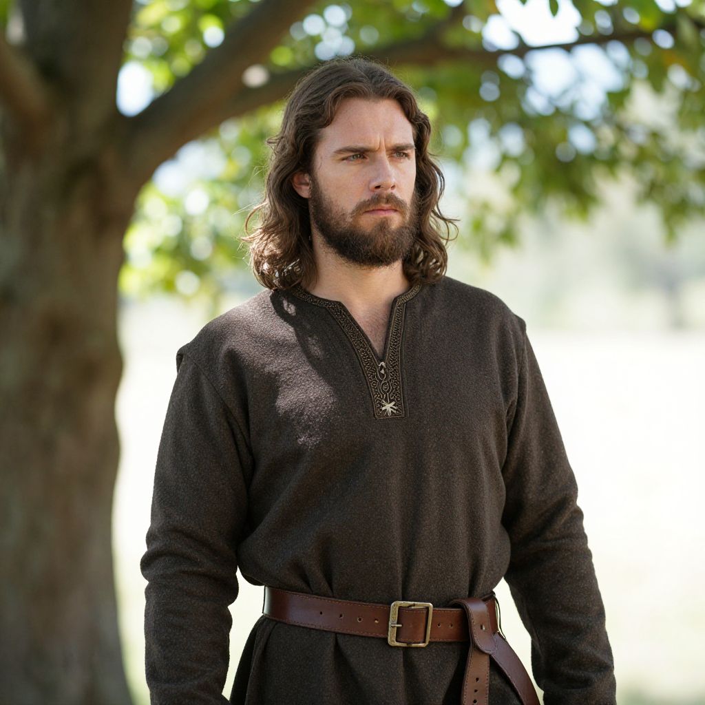 Man in Medieval Style Tunic with Leather Belt Outdoors