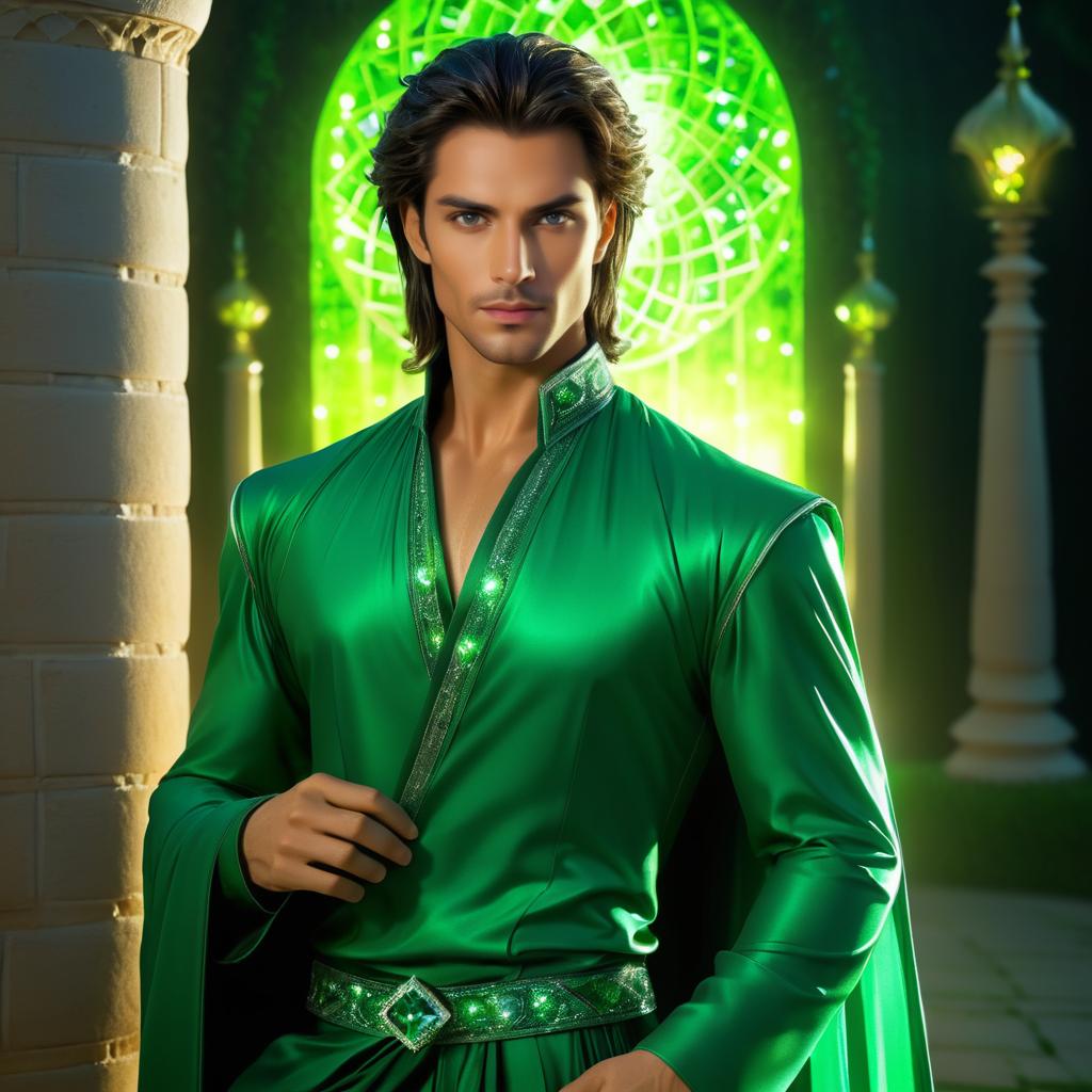 Man in Green Robe Against Vibrant Patterns