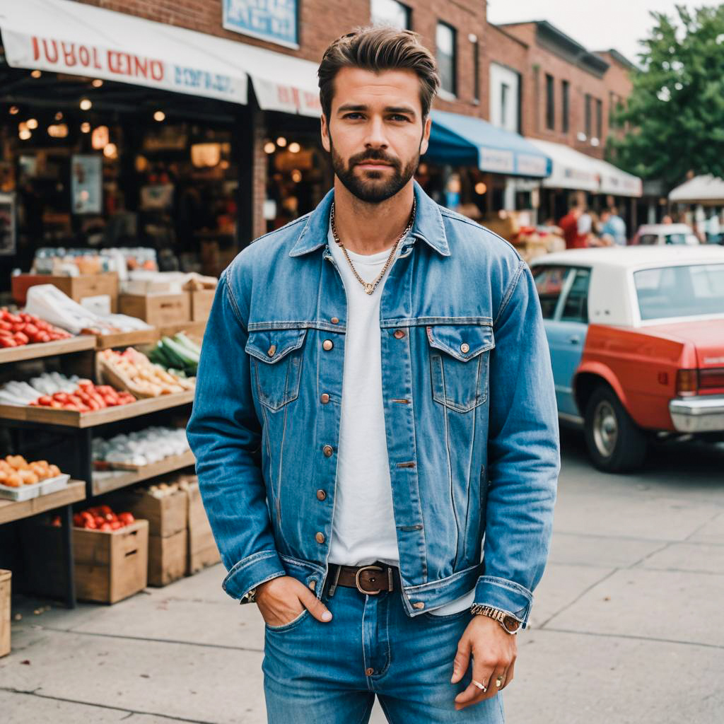 Stylish Man in Denim Jacket at Outdoor Market Street Scene