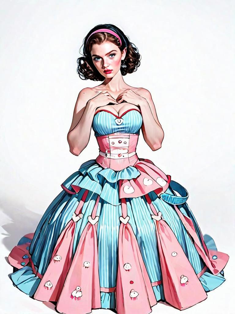 Realistic Comic Style Woman in Classic Pastel Blue and Pink Dress Full Body Illustration