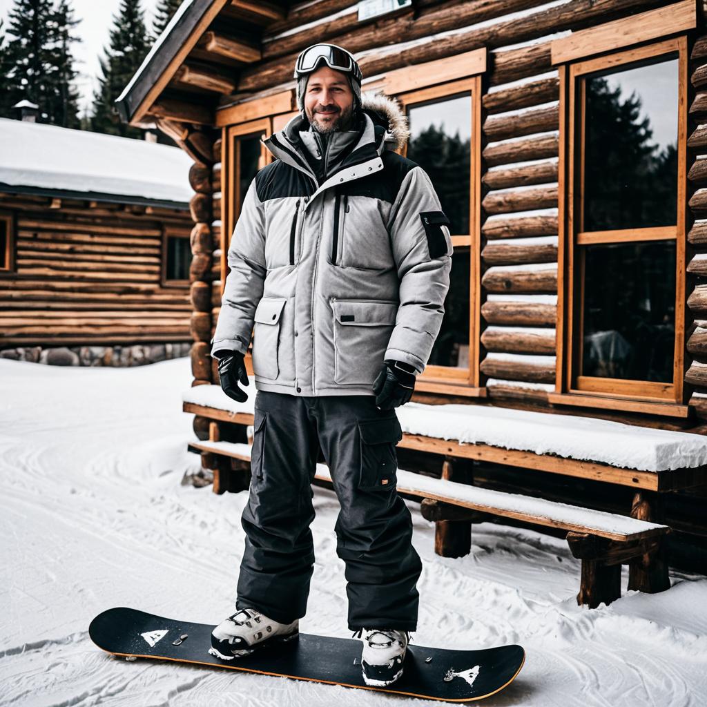 Man in Snowboarding Gear Standing on Snowboard by Log Cabin in Winter