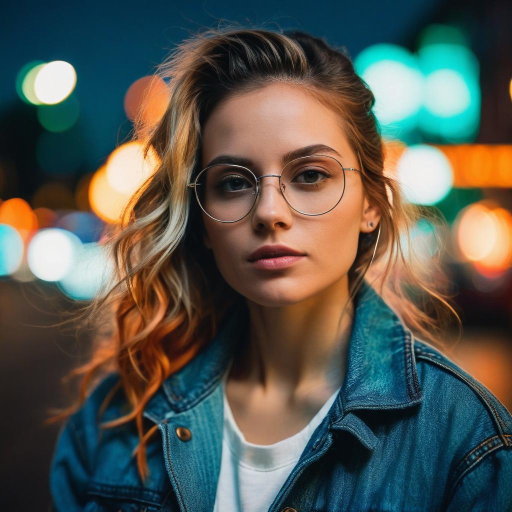 Young Woman Wearing Glasses Denim Jacket Urban Night Portrait