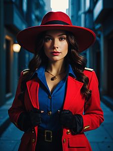 Photorealistic Woman in Carmen Sandiego Costume Cosplay Portrait