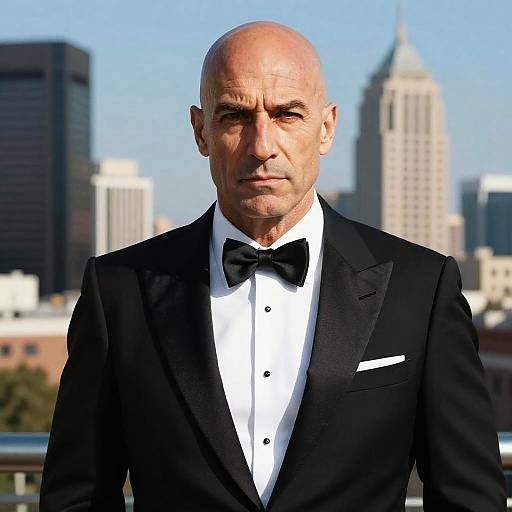 Bald Man in Black Tuxedo with Bow Tie Urban Background