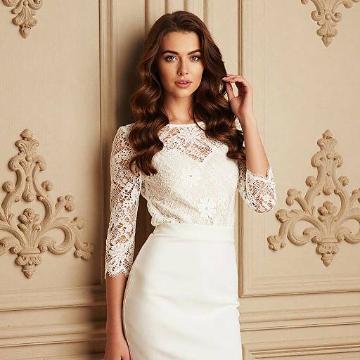 Elegant Woman in White Lace Dress with Wavy Hair Against Ornate Wall
