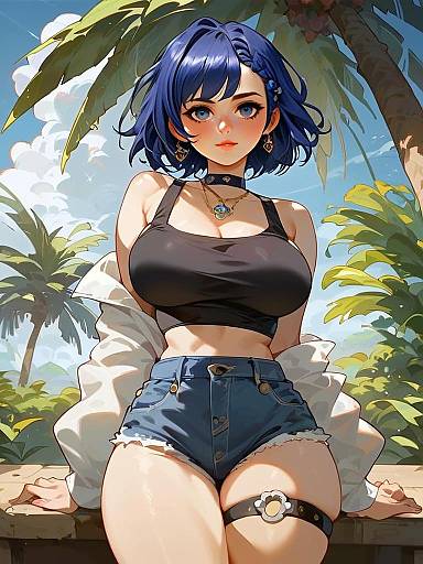 Anime Style Young Woman in Black Crop Top and Denim Shorts Tropical Background