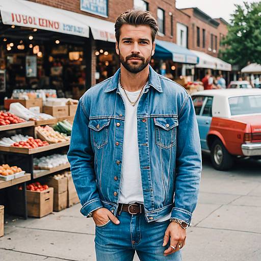 Stylish Man in Denim Jacket at Outdoor Market Street Scene