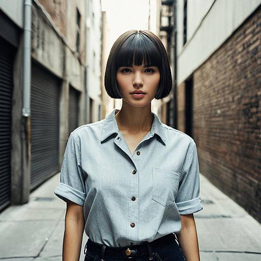 Young Woman in Light Blue Shirt Standing in Urban Alleyway with Bob Haircut