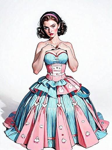 Realistic Comic Style Woman in Classic Pastel Blue and Pink Dress Full Body Illustration