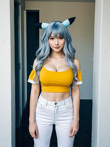 Woman Wearing Pikachu-Inspired Cosplay Outfit with Yellow Crop Top and Silver Hair