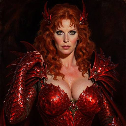 Fierce Woman in Red Dragon Scale Armor Fantasy Portrait