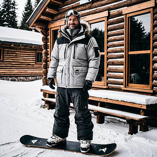 Man in Snowboarding Gear Standing on Snowboard by Log Cabin in Winter