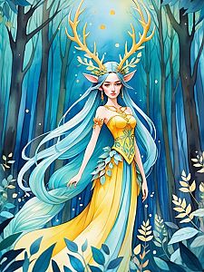 Mystical Woman with Blue Hair and Golden Antlers in Enchanted Forest