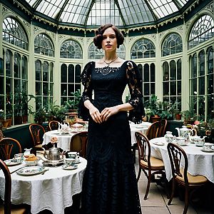 Elegant Woman in Victorian Lace Dress in Vintage Conservatory