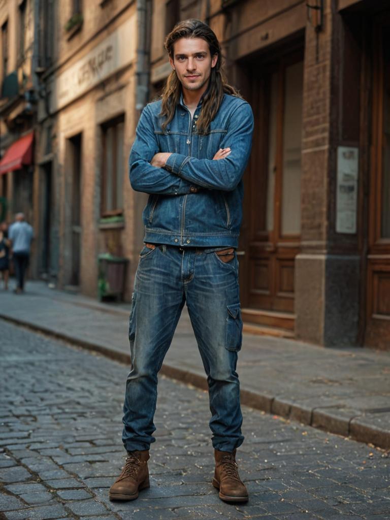 Confident Man in Denim on Cobblestone Street