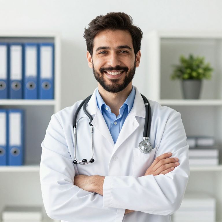 Smiling Male Doctor in White Lab Coat with Stethoscope in Medical Office