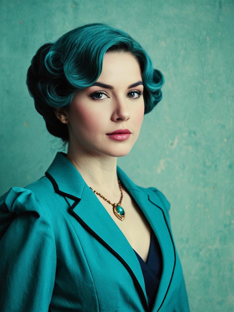 Realistic Minerva Orland Cosplay Woman in Teal Vintage Style