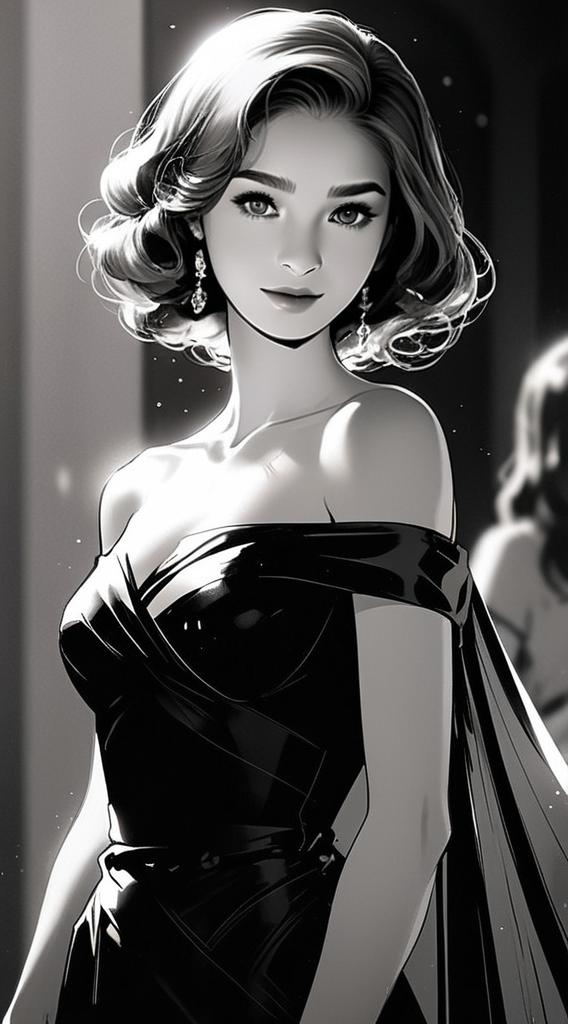 Elegant Black and White Illustration of Woman in Off-Shoulder Gown Elegant Black and White Illustration of Woman in Off-Shoulder Gown