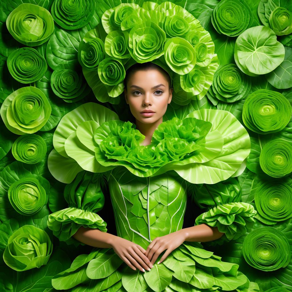 Woman in Green Gown Resembling Leafy Vegetables