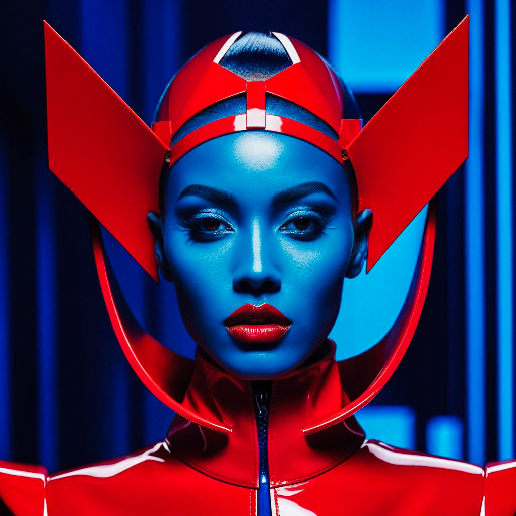 Futuristic Woman with Blue Skin and Red Headgear