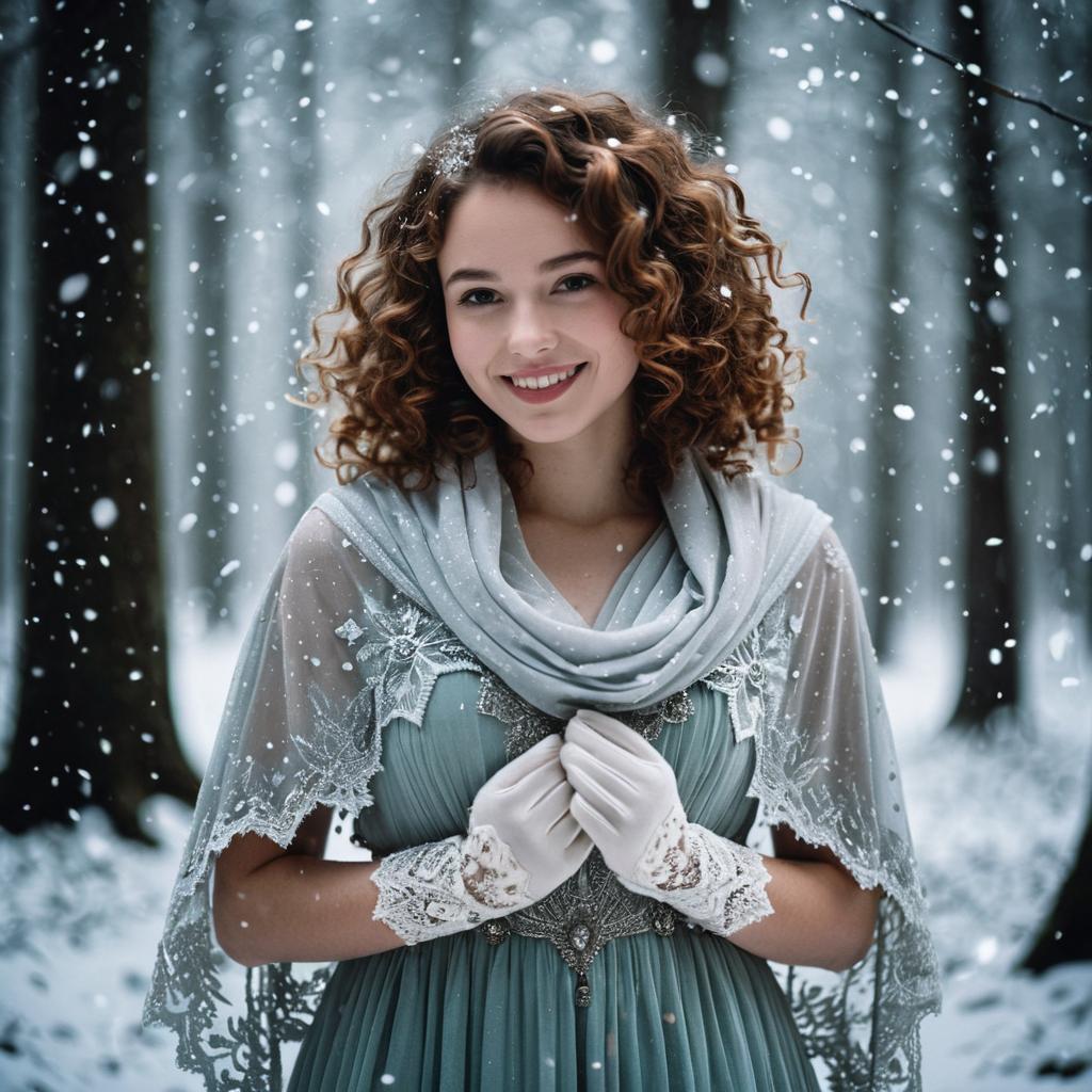 Elegant Woman in Vintage Dress Smiling Amid Snowfall in Winter Forest