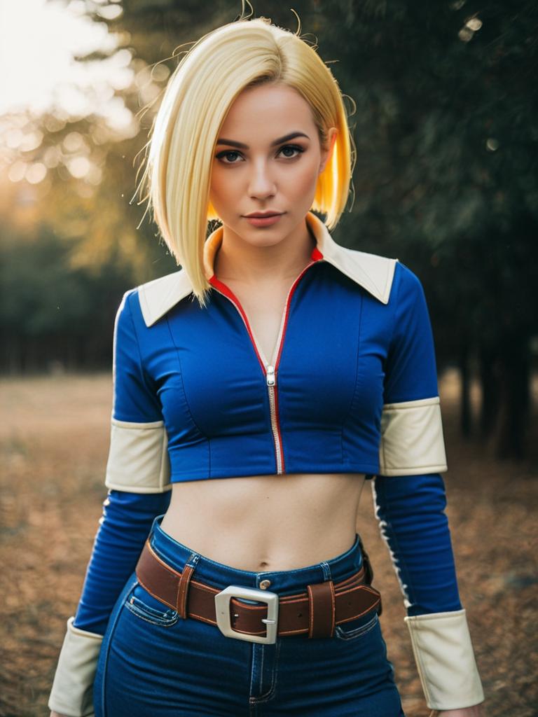 Realistic Android 18 Cosplay Woman in Detailed Blue Costume Outdoors