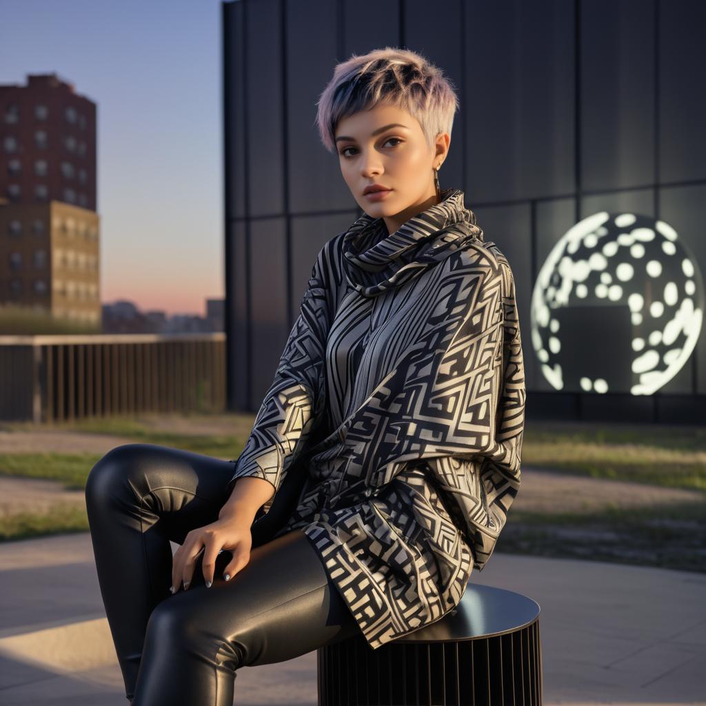 Woman in Geometric Top Against Urban Twilight