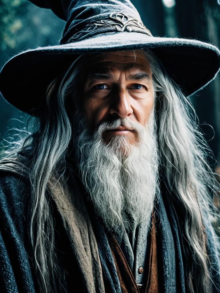 Man in Gandalf Costume Waist Up Fantasy Cinematic Portrait