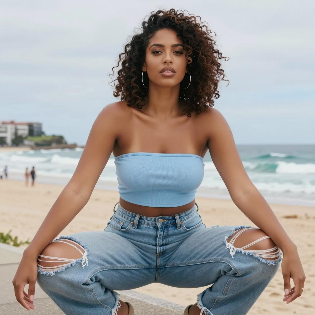 Confident Woman in Blue Tube Top and Ripped Jeans at the Beach - Gen Z Style