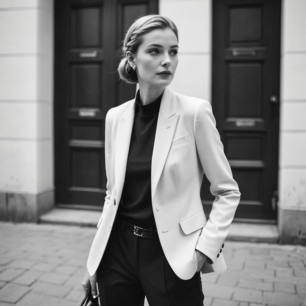 Elegant Woman in White Blazer Black and White Street Portrait