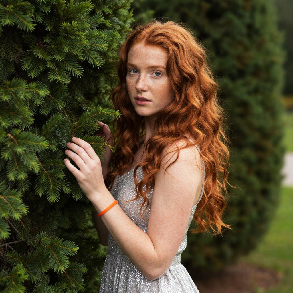 Red Haired Woman in Silver Dress Touching Evergreen Tree Outdoors