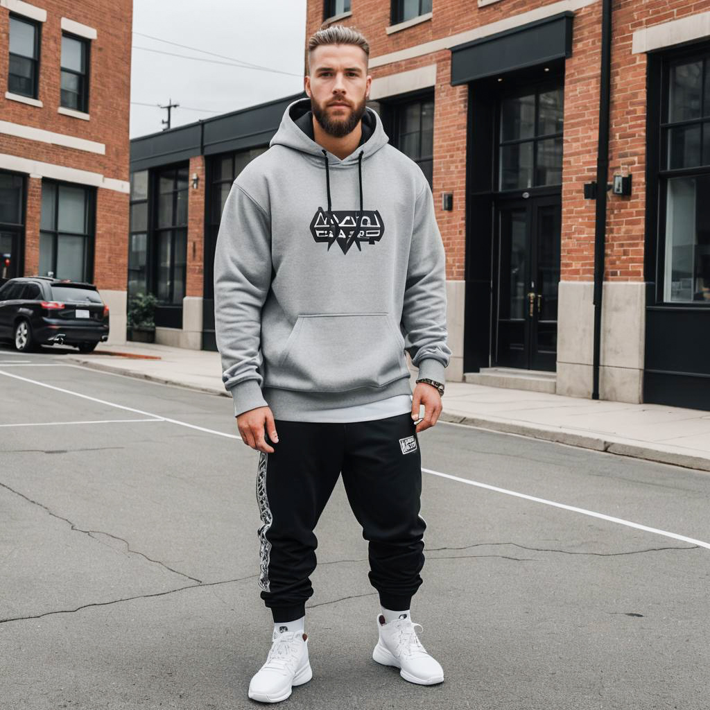 Man in Stylish Gray Hoodie and Black Joggers on Street