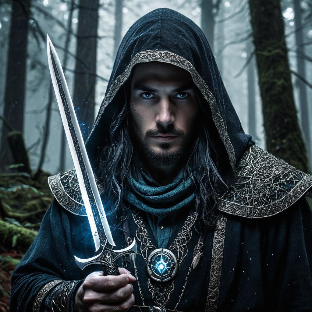 Fantasy Warrior Man in Hooded Cloak Holding Glowing Sword in Forest
