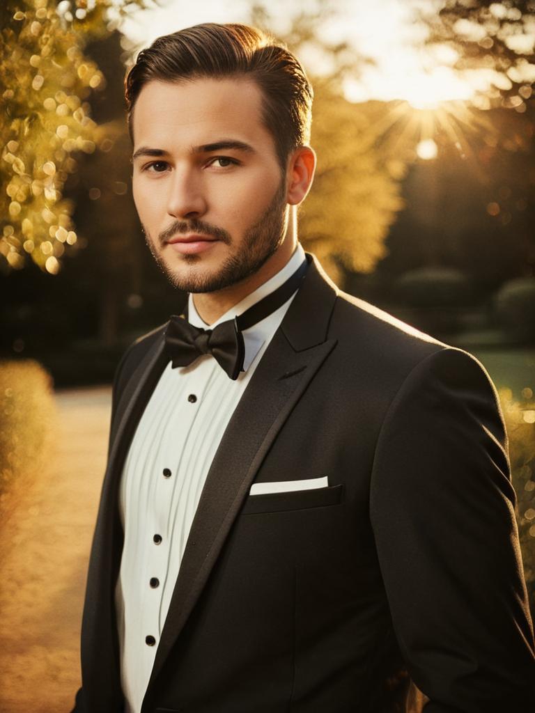 Man in Wedding Tuxedo Outdoor Portrait Golden Hour Photorealistic
