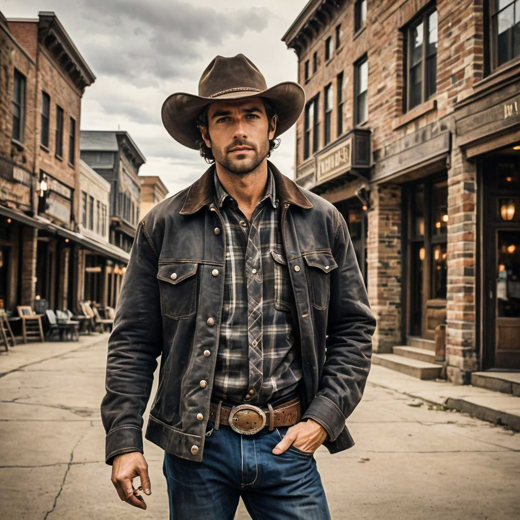 Western Cowboy Man in Vintage Old West Town Street