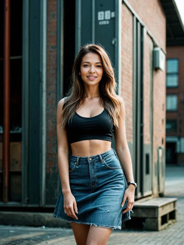 Confident Woman in Crop Top and Denim Skirt Outdoors