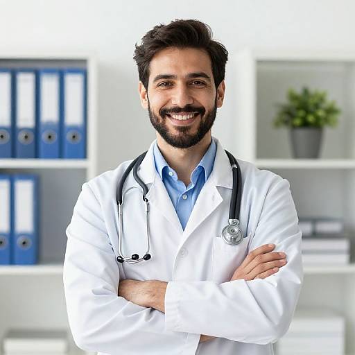 Smiling Male Doctor in White Lab Coat with Stethoscope in Medical Office