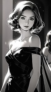 Elegant Black and White Illustration of Woman in Off-Shoulder Gown