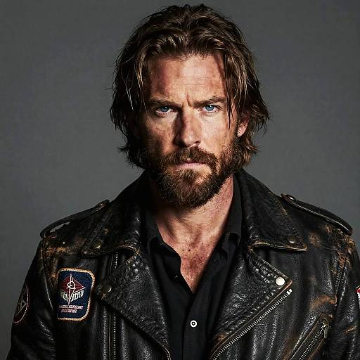 Rugged Man in Worn Leather Jacket with Intense Stare