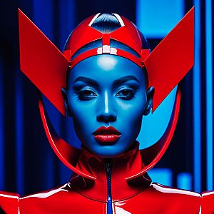 Futuristic Woman with Blue Skin and Red Headgear