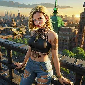 Stylish Woman on Rooftop at Sunset