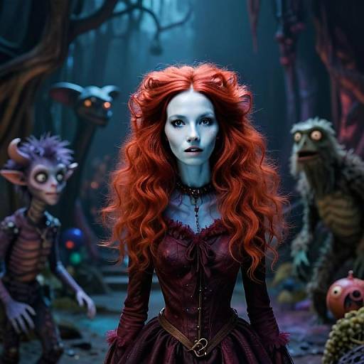 Fantasy Woman with Red Hair in Gothic Forest with Mythical Creatures