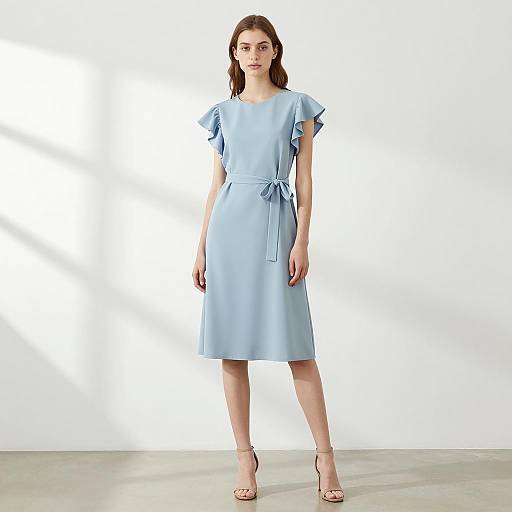 Elegant Light Blue Ruffle Sleeve Dress with Waist Tie