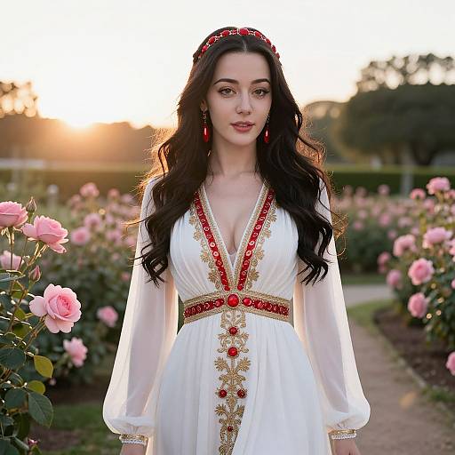 Elegant Woman in Embroidered White Dress with Red Jewels in Rose Garden