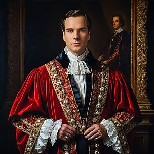 Man in Ornate Red Robe with Gold Embroidery