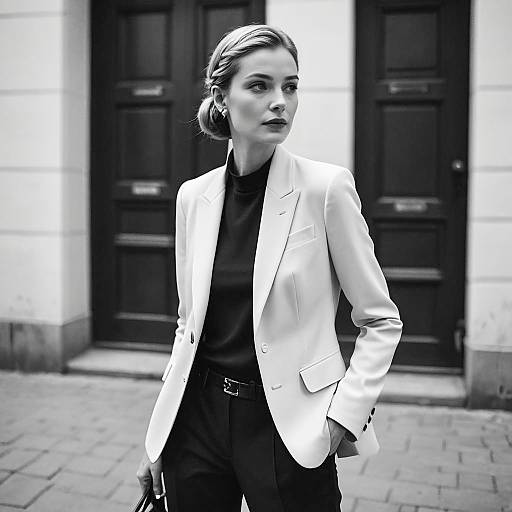 Elegant Woman in White Blazer Black and White Street Portrait