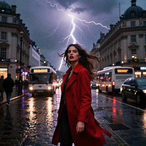 Woman in Red Coat Walking City Street Under Lightning Storm