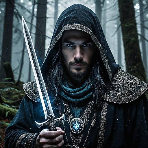 Fantasy Warrior Man in Hooded Cloak Holding Glowing Sword in Forest