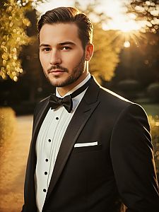 Man in Wedding Tuxedo Outdoor Portrait Golden Hour Photorealistic